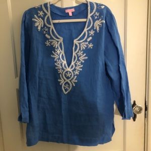 Lilly Pulitzer Sarasota Blue Linen Tunic Beaded Large